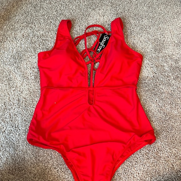 Tag on Red Plunge Lace Up One Piece Swimsuit O Ring Bathing Suits Swimwear - Picture 6 of 8